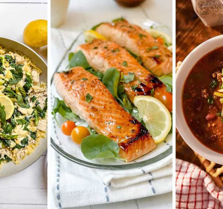 Three image collage featuring high protein 30 minute dinners for a weeknight meal plan including, salmon chicken, a healthy chili and more.