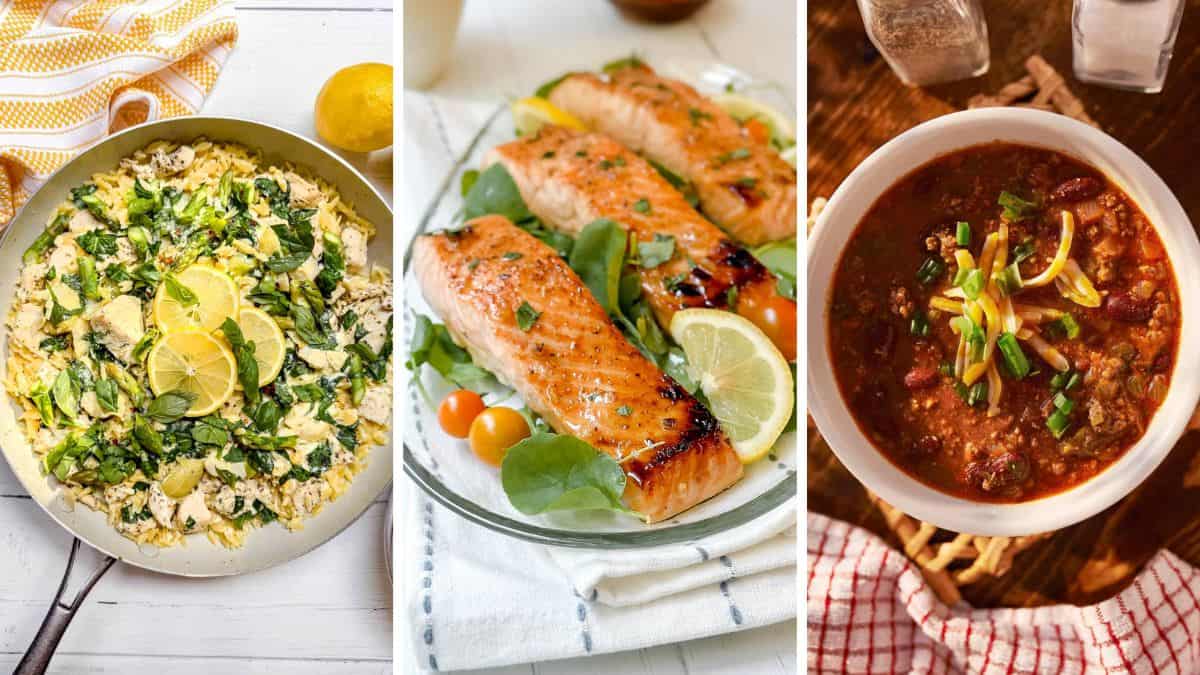 Three image collage featuring high protein 30 minute dinners for a weeknight meal plan including, salmon chicken, a healthy chili and more.