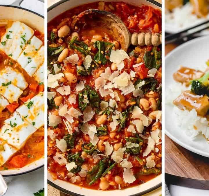 Three image collage featuring meal plan dinners like white bean stew, skillet baked fish, and 15 minute chicken and broccoli.