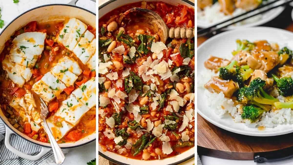 Three image collage featuring meal plan dinners like white bean stew, skillet baked fish, and 15 minute chicken and broccoli.