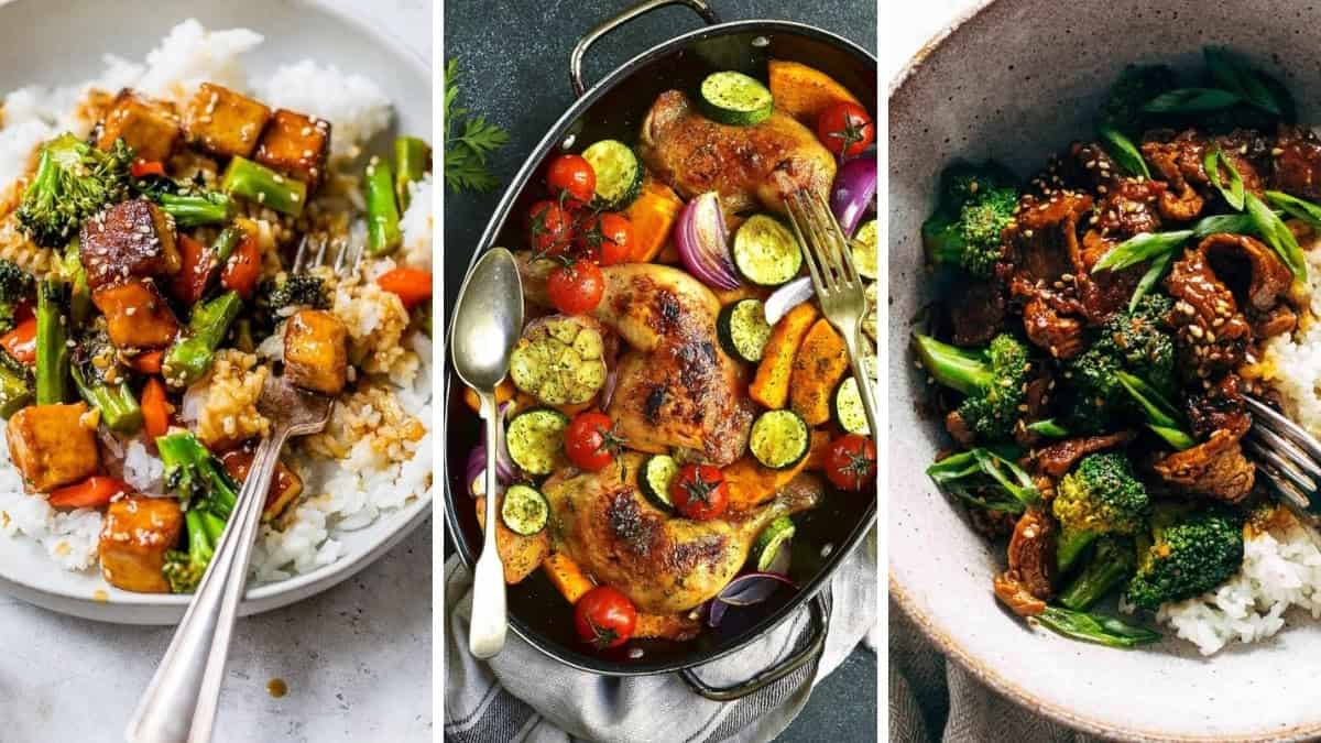 Three image collage of healthy recipes to make in January including dinner, snack, soups, and breakfast recipe ideas.