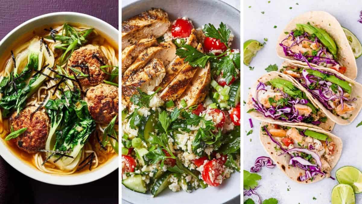 Three image collage of heart healthy dinners for the 31Daily Dinners Meal Plan.