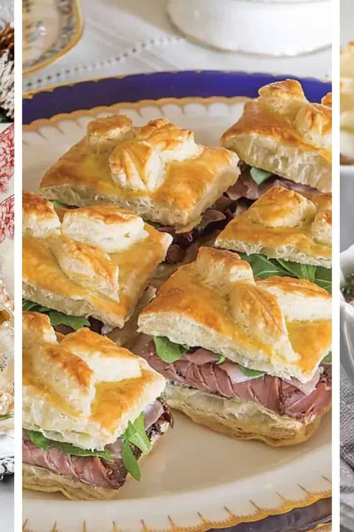 Three image January Afternoon Tea collage of foods to make for a winter tea party from tea sandwiches, sweets, and savories.