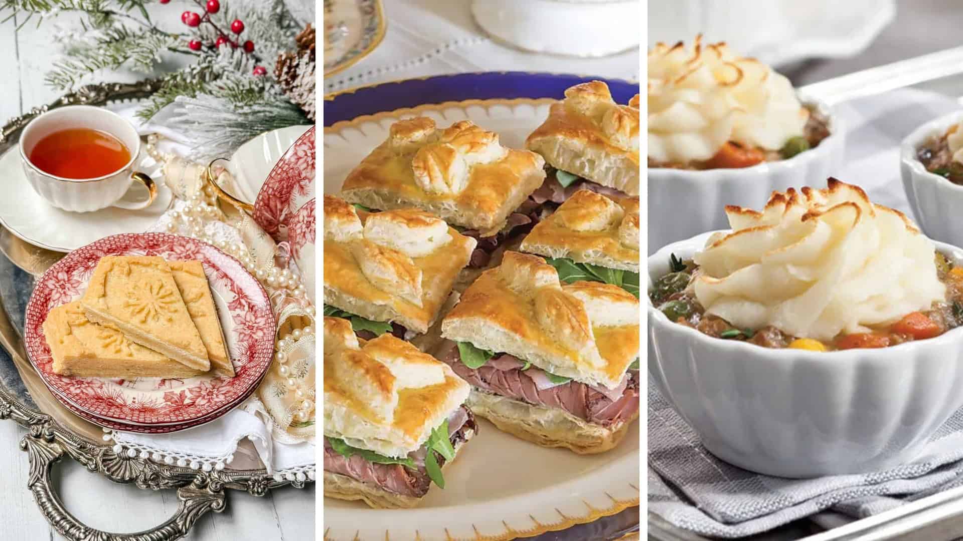 Three image January Afternoon Tea collage of foods to make for a winter tea party from tea sandwiches, sweets, and savories.