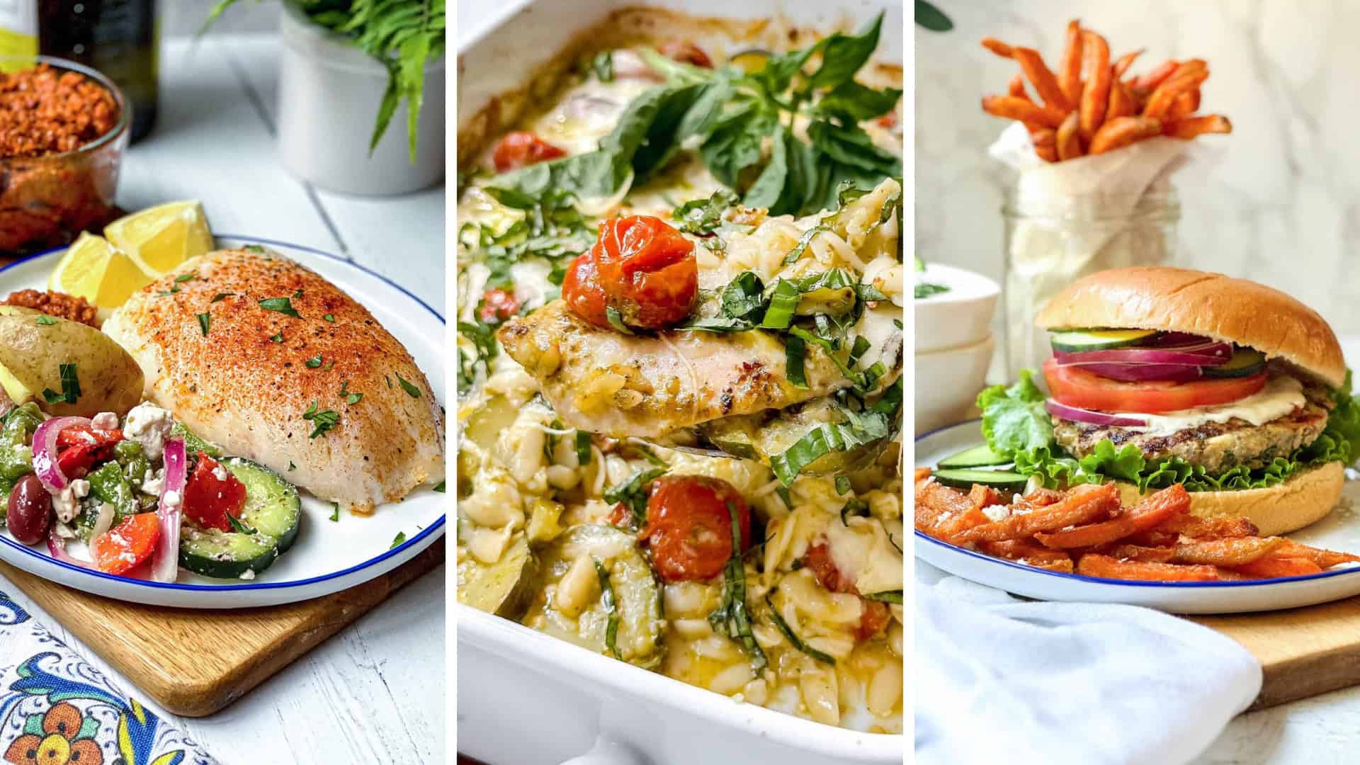 Three image collage of protein rich Mediterranean dinners for the healthy weekly meal plan.