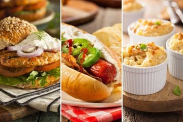 Three-panel image showcasing classic Seattle Super Bowl Party fare: a chicken burger with fresh vegetables, a hot dog piled high with jalapenos and onions, and individual baked macaroni and cheese served in white ramekins.