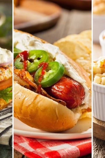 Three-panel image showcasing classic Seattle Super Bowl Party fare: a chicken burger with fresh vegetables, a hot dog piled high with jalapenos and onions, and individual baked macaroni and cheese served in white ramekins.