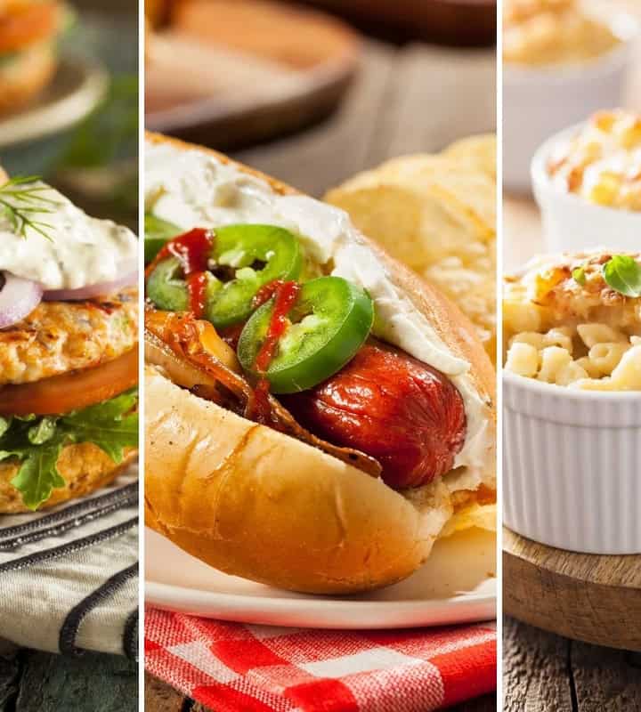 Three-panel image showcasing classic Seattle Super Bowl Party fare: a chicken burger with fresh vegetables, a hot dog piled high with jalapenos and onions, and individual baked macaroni and cheese served in white ramekins.