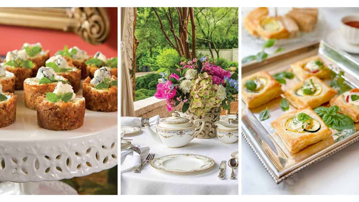 Three image collage for a September Afternoon Tea party featuring tea sandwiches, savories, and sweets.
