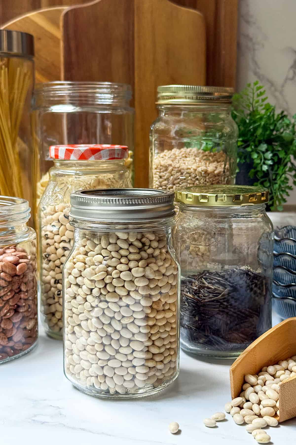 Reused and sanitized glass food jars filled with rice, beans, and wild rice to demonstrate economical pantry organization.