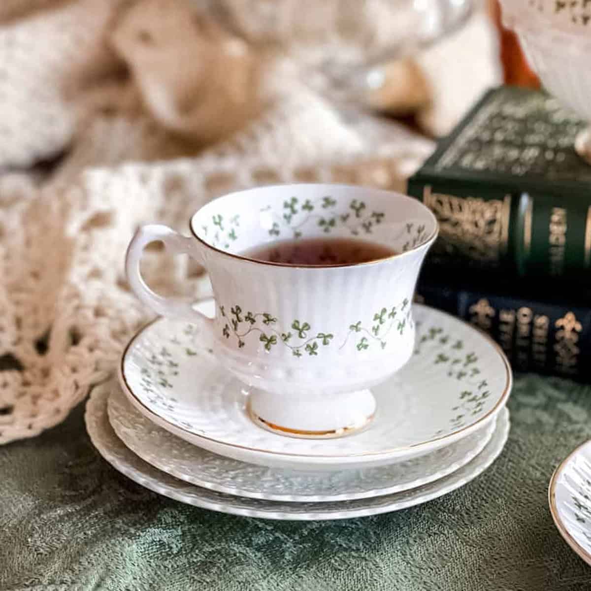 Irish teacup sitting nearby books on a winter teacup for Stephanie Wilson's 31 Daily Sunday Edit No 1 - The Art of the Reset