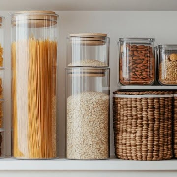 Closeup view pantry jars with pasta, grains and more Stephanie Wilson's 31 Daily Sunday Edit No 2 - The Pantry Reset.