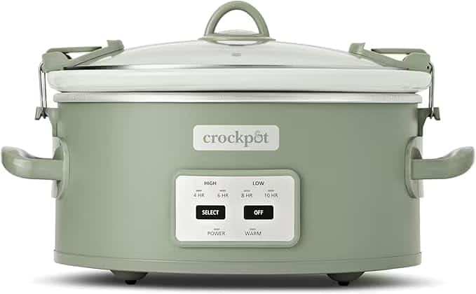 A green Crockpot slow cooker with a glass lid, two side handles, and a digital control panel displaying cooking time and temperature options-perfect for meal prepping during your next pantry reset.