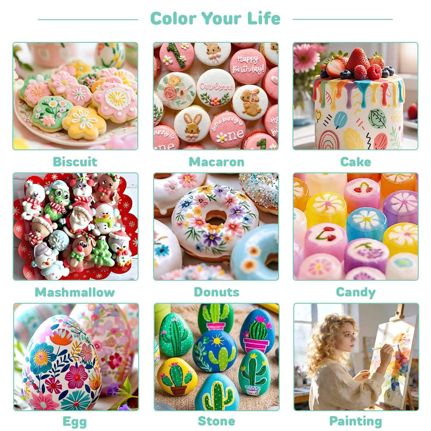 A collage showing decorated biscuits, macarons, a cake, marshmallows, donuts, candies, painted eggs and stones, using edible food grade fine tip writing pens.