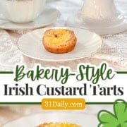 A plate and cake stand display bakery-style Irish Custard Tarts, with a cup of tea beside them and green shamrock graphics adding an Irish touch to the image.