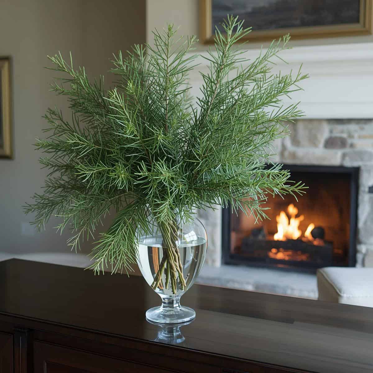 A clear glass vase with green pine-like branches sits on a dark wooden surface, evoking a sense of calm-perfect inspiration for your next pantry reset-with the glow of a lit fireplace in the background.