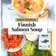 A bowl of Lohikeitto, classic Finnish salmon soup, garnished with herbs sits above fresh ingredients like salmon, leeks, dill, lemon, carrots, and packaged fish stock.