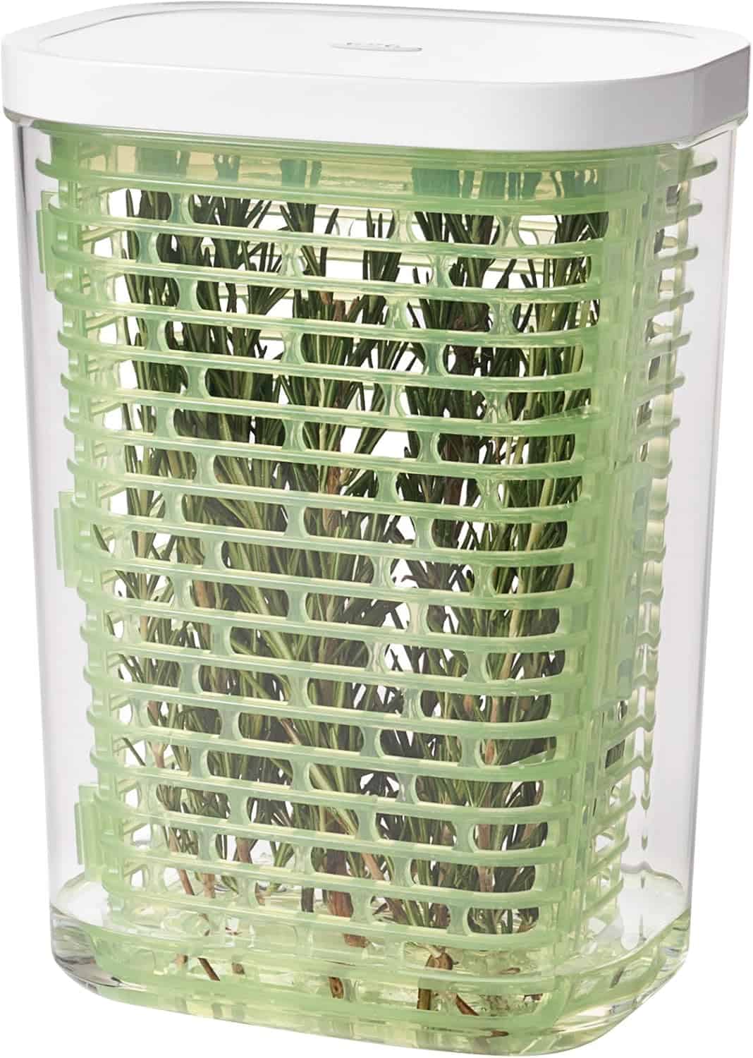 A transparent container with a white lid and green insert holds fresh rosemary sprigs upright inside, perfect for keeping spring greens crisp. 