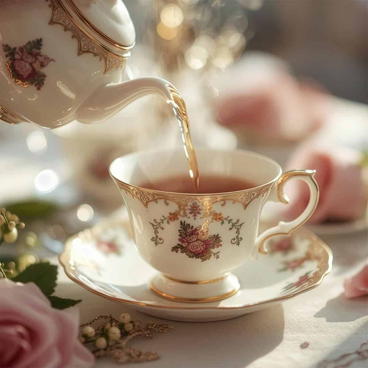 A teapot pours tea into a floral-patterned teacup on a matching saucer, evoking afternoon tea by month, with pink roses and soft lighting in the background.