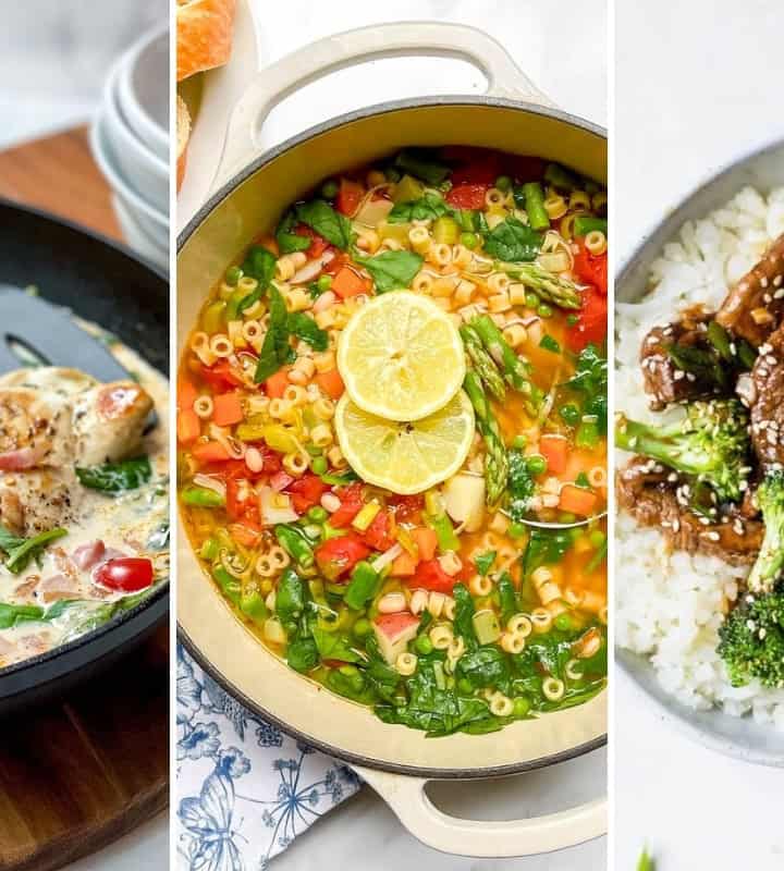 Early March 30 Minute Dinners include creamy chicken with tomatoes and herbs, vegetable pasta soup with lemon slices, and beef with broccoli over white rice topped with sesame seeds.