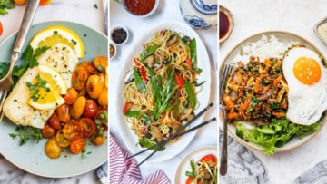 Enjoy February 30 Minute Dinners with plates of baked fish with tomatoes and lemon, vegetable stir-fry noodles, and rice topped with ground meat, vegetables, greens, and a fried egg.