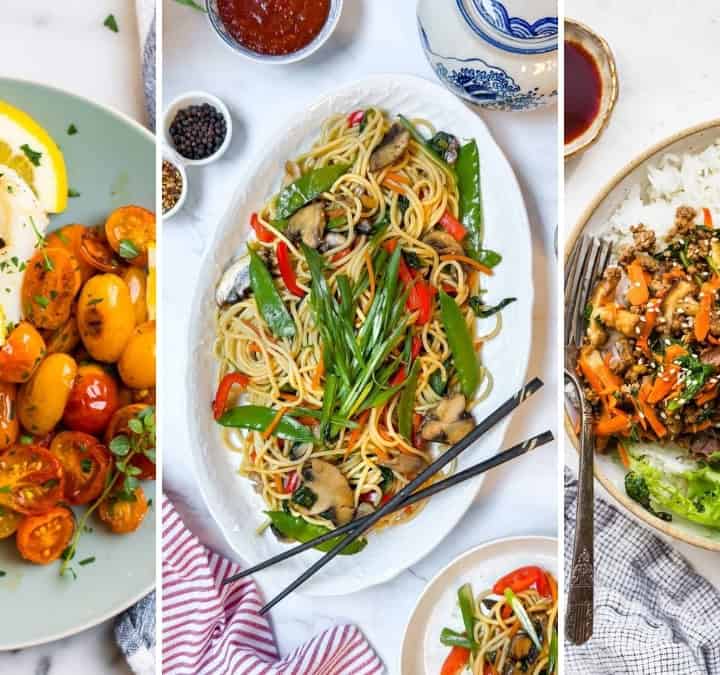 Enjoy February 30 Minute Dinners with plates of baked fish with tomatoes and lemon, vegetable stir-fry noodles, and rice topped with ground meat, vegetables, greens, and a fried egg.