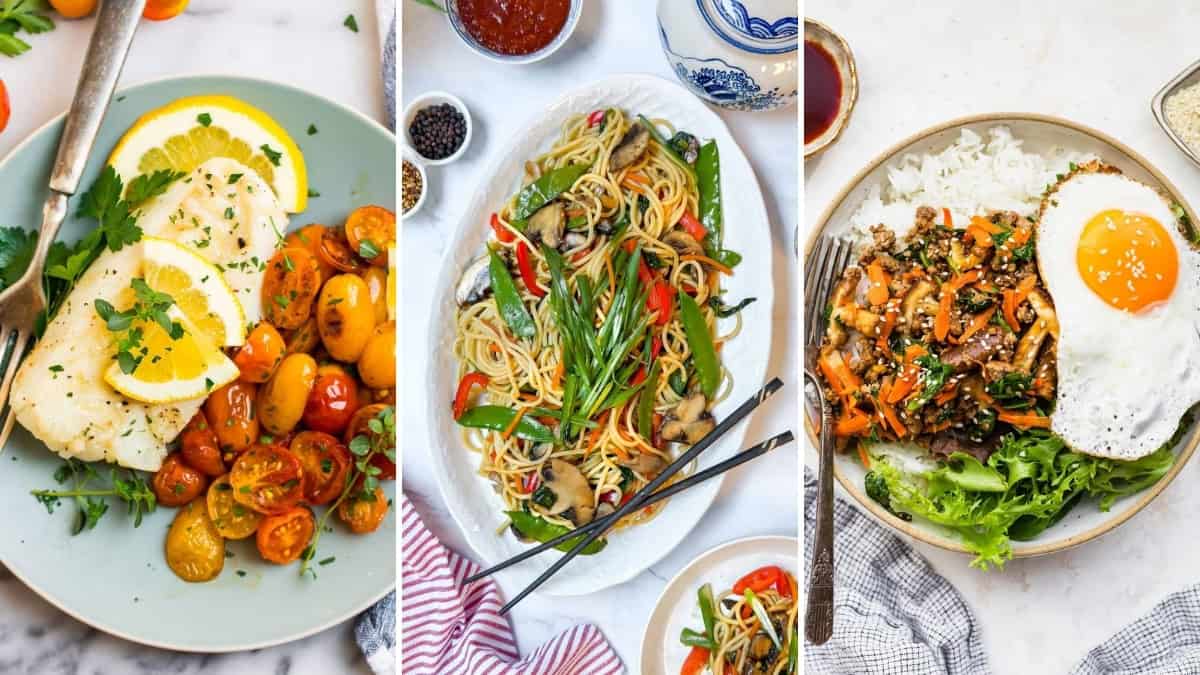 Enjoy February 30 Minute Dinners with plates of baked fish with tomatoes and lemon, vegetable stir-fry noodles, and rice topped with ground meat, vegetables, greens, and a fried egg.