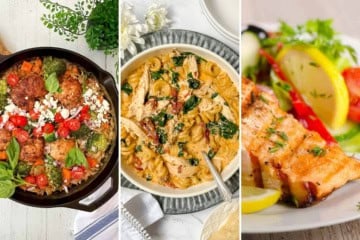Three plates of food from our February Mediterranean Diet Dinners Meal Plan: a skillet with chicken, vegetables, and feta; a bowl of creamy pasta with chicken and spinach; and a grilled salmon fillet with lemon and vegetables.