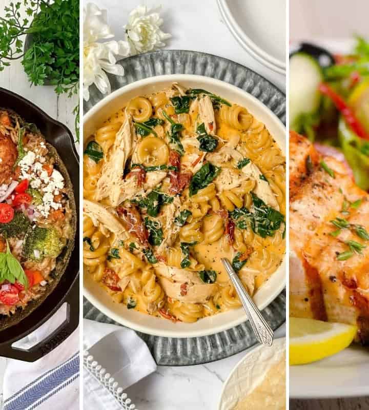 Three plates of food from our February Mediterranean Diet Dinners Meal Plan: a skillet with chicken, vegetables, and feta; a bowl of creamy pasta with chicken and spinach; and a grilled salmon fillet with lemon and vegetables.