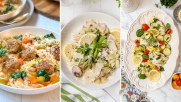 Three dishes: a bowl of meatball and vegetable soup, a plate of pasta with asparagus and lemon slices, and a platter of chicken with cherry tomatoes, zucchini, and herbs-perfect ideas for Quick One Pot Dinners.