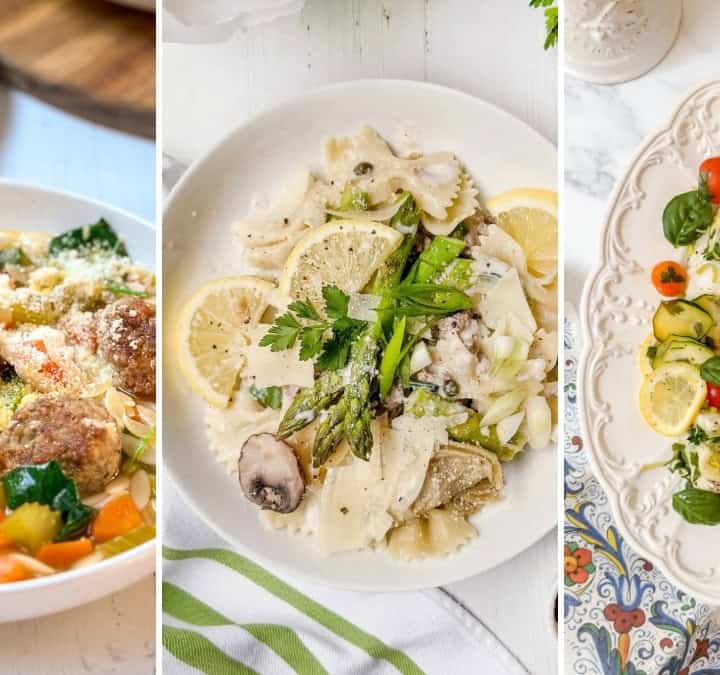 Three dishes: a bowl of meatball and vegetable soup, a plate of pasta with asparagus and lemon slices, and a platter of chicken with cherry tomatoes, zucchini, and herbs-perfect ideas for Quick One Pot Dinners.