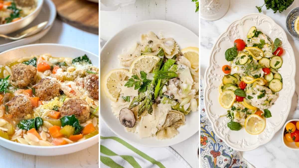 Three dishes: a bowl of meatball and vegetable soup, a plate of pasta with asparagus and lemon slices, and a platter of chicken with cherry tomatoes, zucchini, and herbs-perfect ideas for Quick One Pot Dinners.