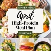 Collage showing a variety of high-protein meals, including meatballs, fish with vegetables, a burger, and chicken, with text overlay promoting March Light and Fresh Dinners for a high-protein meal plan dinner menu.