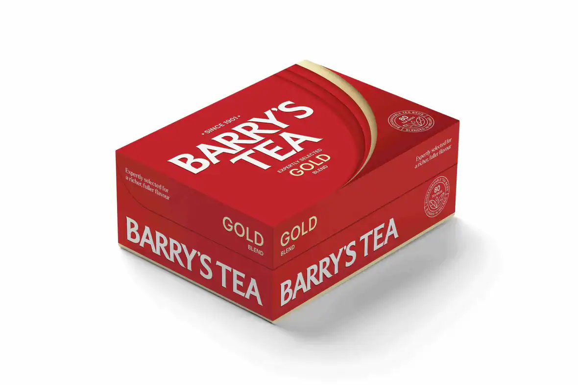 A red box of Barry's Tea Gold Blend with white text and branding is shown on a plain white background, ready to be enjoyed as the season begins.