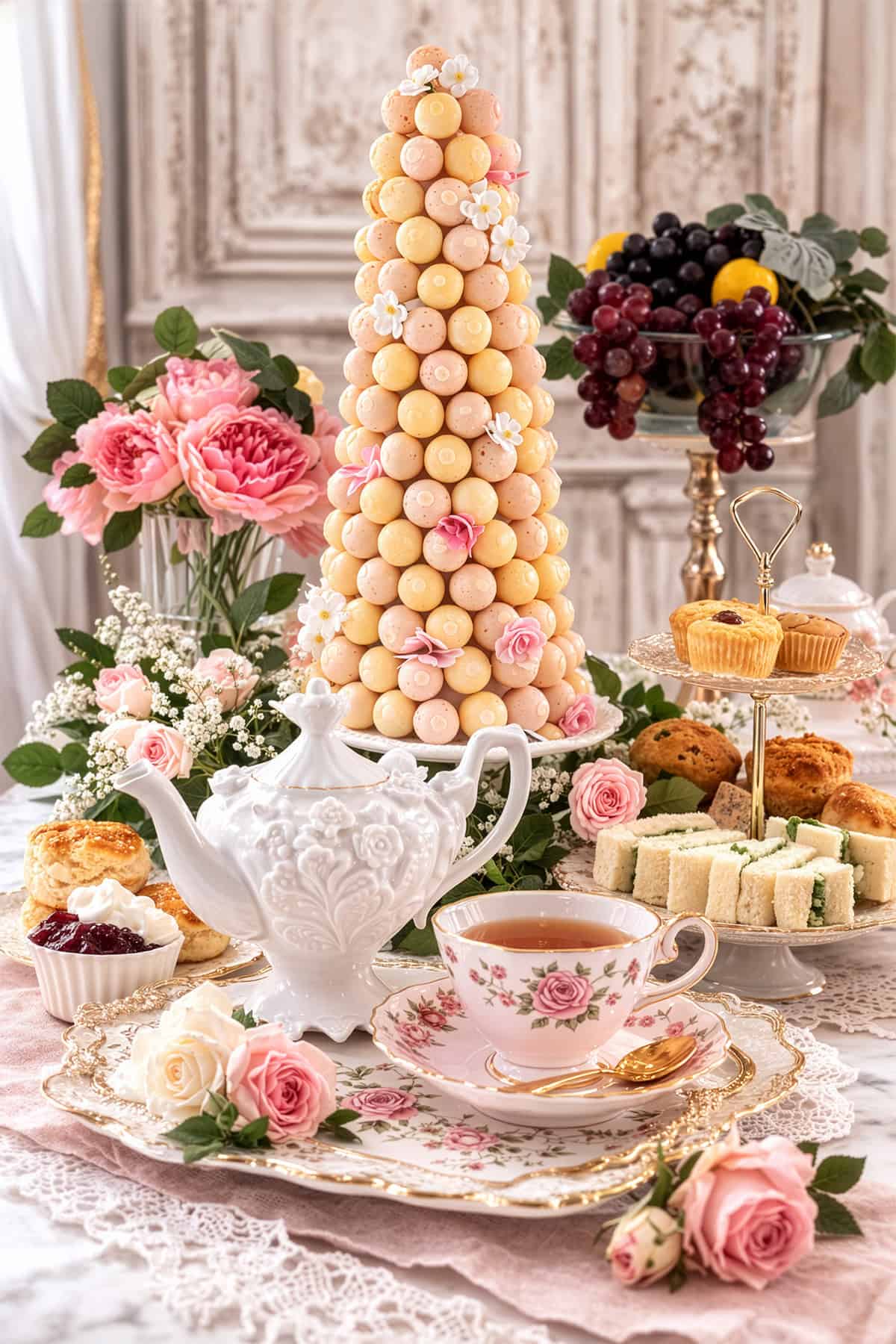 A decorative tea set with floral china, a tall macaron tower, finger sandwiches, scones, cupcakes, and fresh flowers arranged on an elegant table evoke the charm of a Regency afternoon tea.