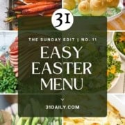 Collage of Easter dishes on a festive Easter table, featuring roasted carrots, bunny-shaped rolls, sliced ham, salad, tulips, and scalloped potatoes with the text "Easy Easter Menu" in the center.