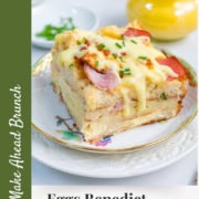 Easy eggs benedict casserole recipe for brunch with english muffins Canadian bacon and creamy hollandaise sauce.