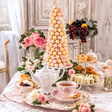 Bonbon tree centerpiece on an elegant afternoon tea table.