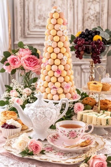 Bonbon tree centerpiece on an elegant afternoon tea table.