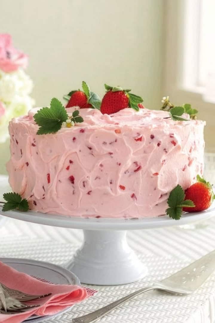 Strawberry Layer Cake on a white cake stand with fresh strawberry garnishes for 31Daily's Easy Easter Cake Recipes.