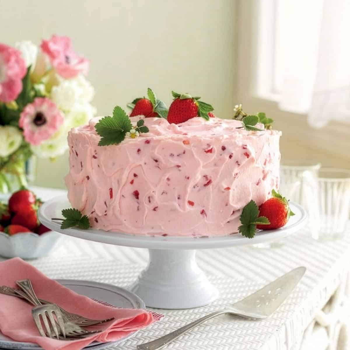 Strawberry Layer Cake on a white cake stand with fresh strawberry garnishes for 31Daily's Easy Easter Cake Recipes.