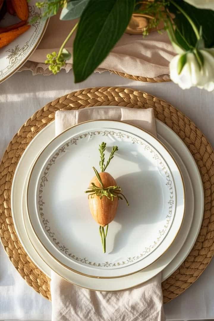 A formal Easter table setting with gold cutlery, layered white plates, a woven placemat, and a single persimmon with herbs on the top plate.