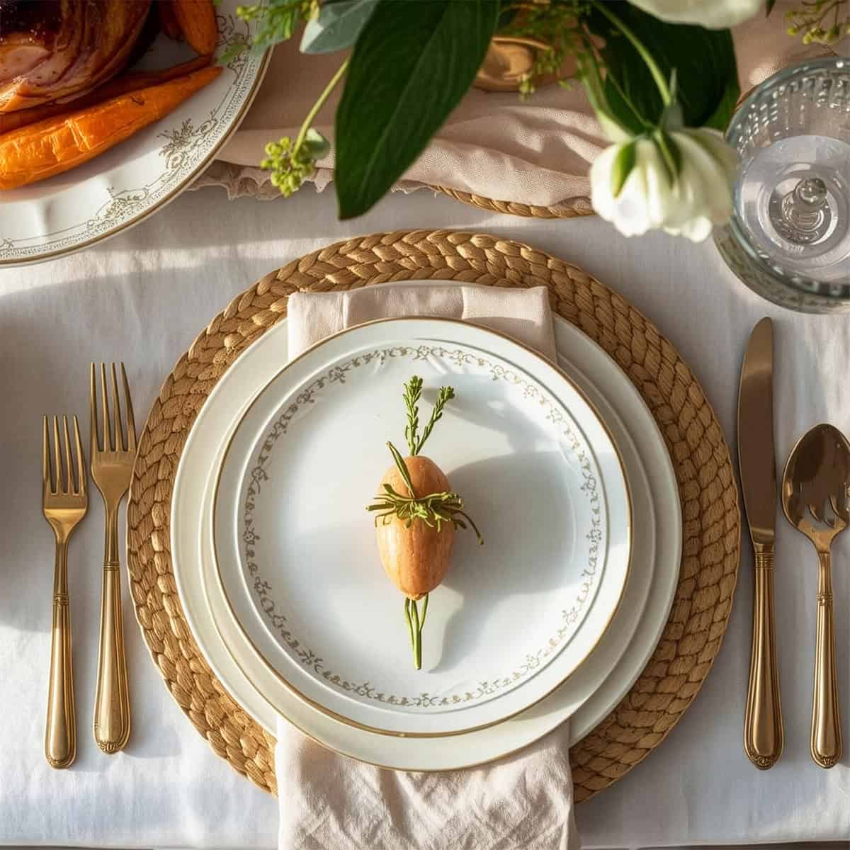 A formal Easter table setting with gold cutlery, layered white plates, a woven placemat, and a single persimmon with herbs on the top plate.