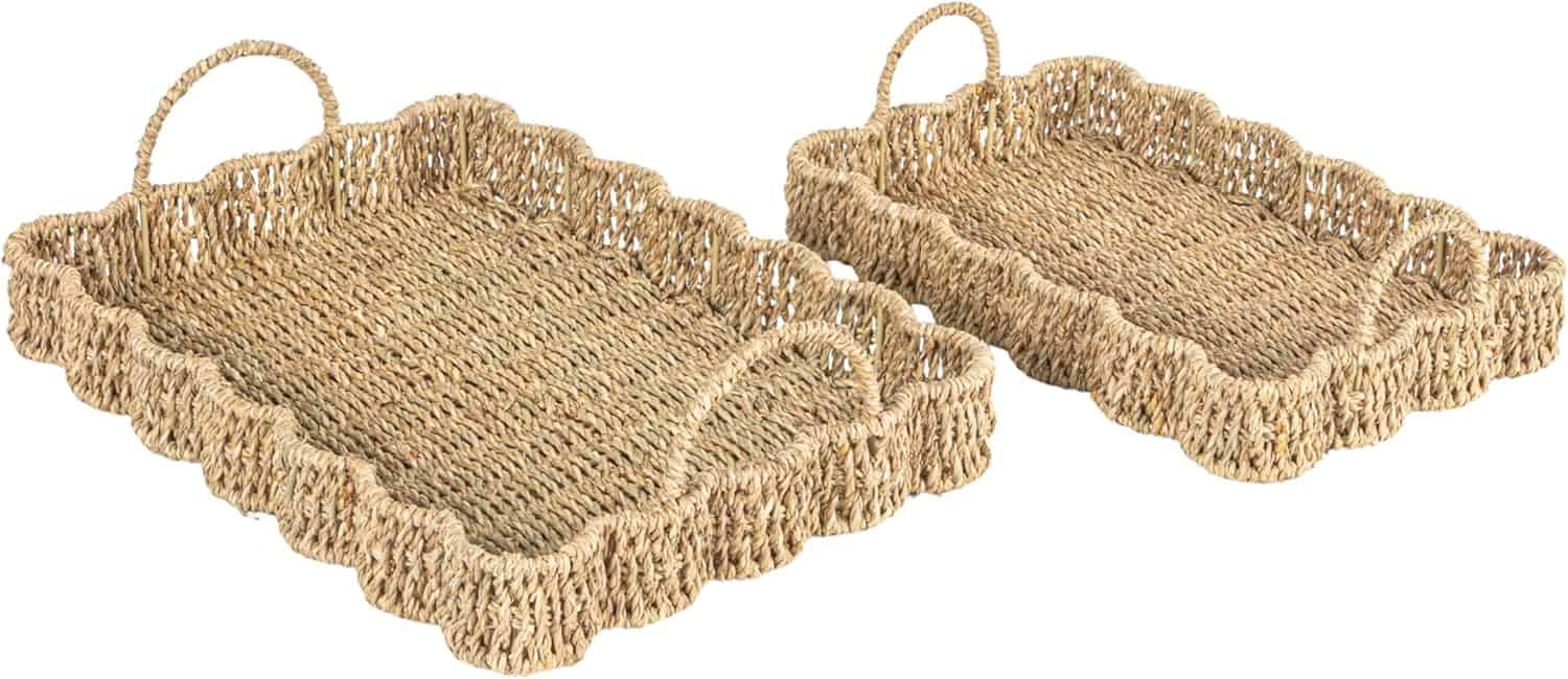 Two rectangular woven baskets with scalloped edges and handles, perfect for serving Spring Recipes, displayed side by side in different sizes.
