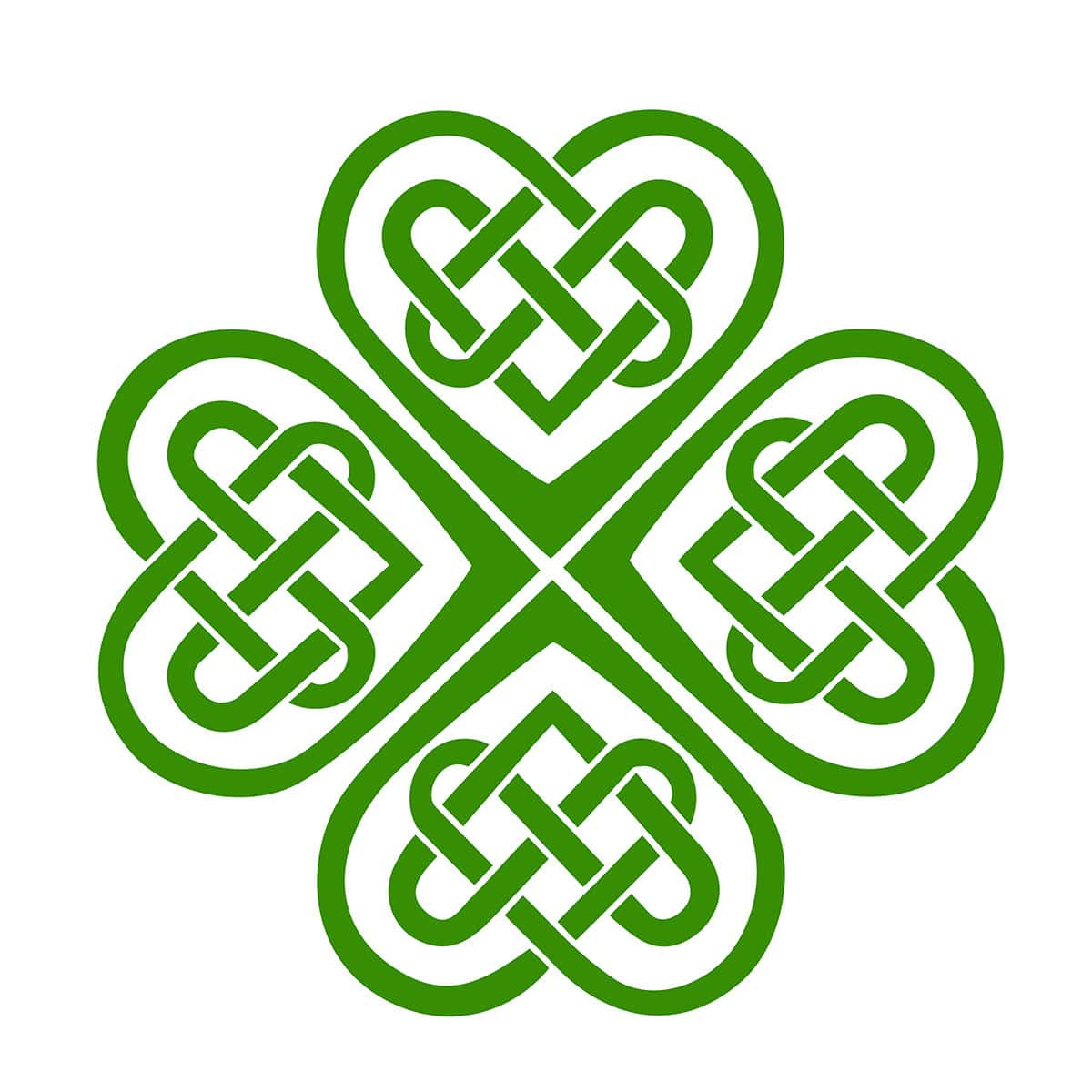 A green Celtic knot design forming a four-leaf clover shape on a white background, symbolizing luck and renewal as the season begins.