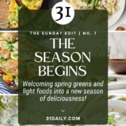 A collage of spring dishes—quiche, pasta, chicken, and salad—with text: "The season begins—welcoming spring greens and light foods into a new chapter of deliciousness.
