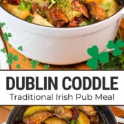 A white pot filled with Dublin Coddle, featuring sausages, potatoes, bacon, and herbs. This traditional Irish pub meal is a hearty favorite known as Dublin Coddle.
