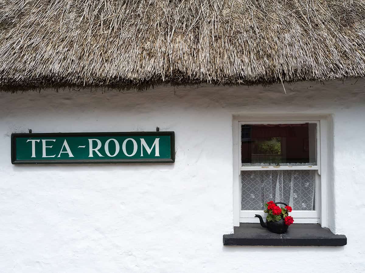 A white building with a thatched roof features a green "TEA-ROOM" sign, as the season begins, and a small window with a black teapot planter holding red flowers on the windowsill.