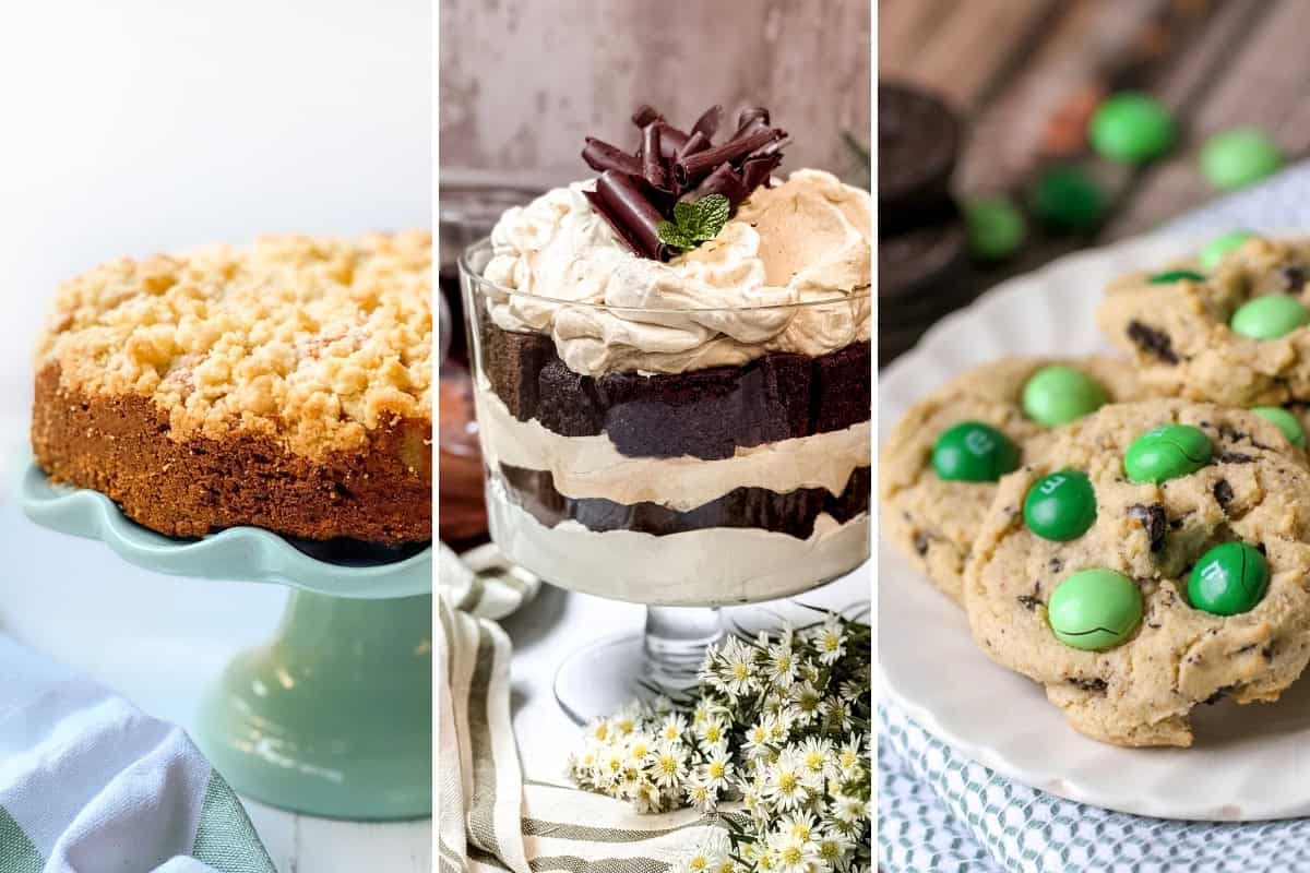 Three St Patrick's Day Desserts displayed: a crumb-topped cake on a stand, a layered chocolate trifle with cream in a glass, and cookies with green candies on a white plate.