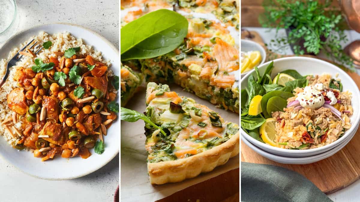 Three dishes for March Light and Fresh Dinners: a plate of chickpea stew over rice, a vegetable quiche with spinach, and a bowl of rice salad with greens and lemon slices.